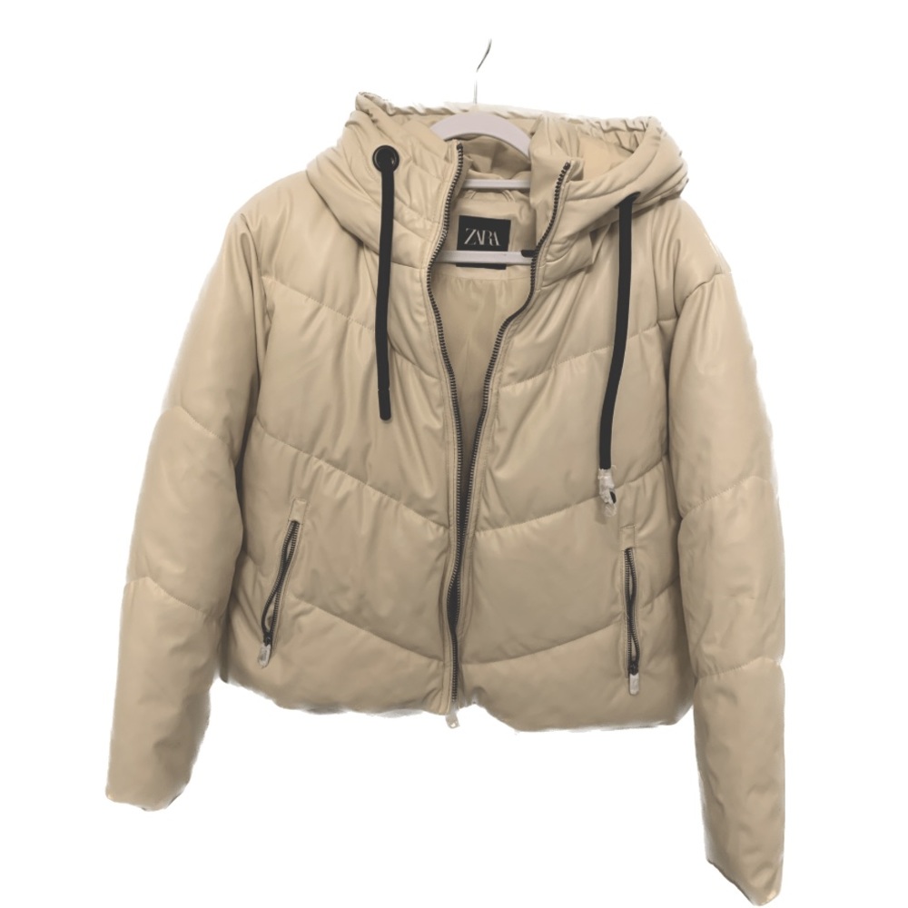 ZARA puffer jacket faux leather in ecru